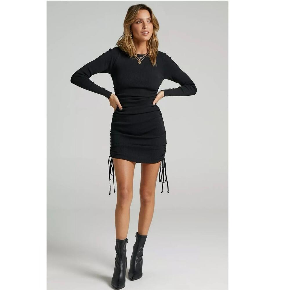 Lioness Black Ruched Drawstring Bodycon Stretch Knit Long Sleeve Mini Dress Sz S